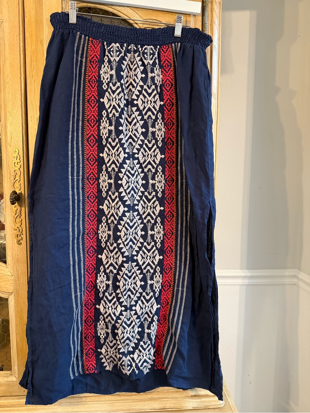 Johnny Was Navy Embroidered Boho Skirt with Red & White Accents